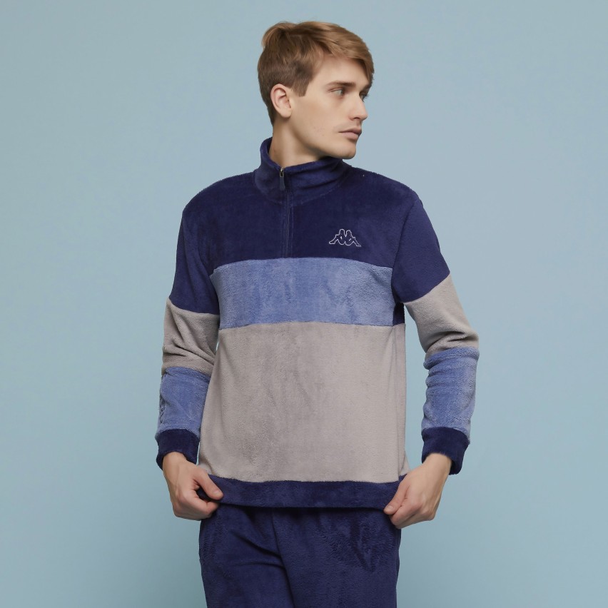 Pigiama In Pile Coral Per Uomo Taglie Forti – Maniche Lunghe Con Polsini, Collo Alto, Due Tasche, Colore Blu (Basile)