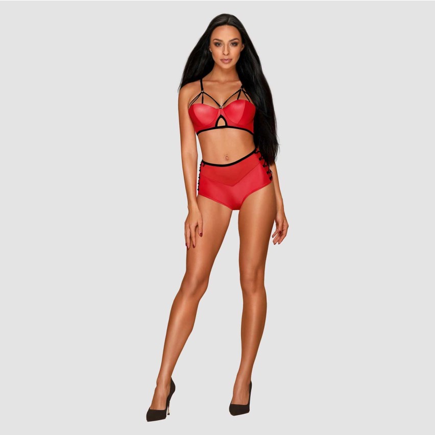 Set sexy effetto pelle reggiseno con ferretto slip alti stringati Obsessive Leatheria