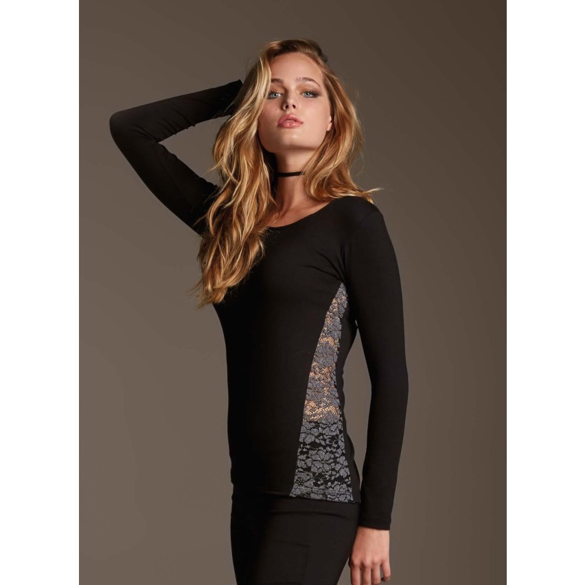 Maglia da donna Jadea 4735 manica lunga girocollo con inserto in pizzo trasparente 