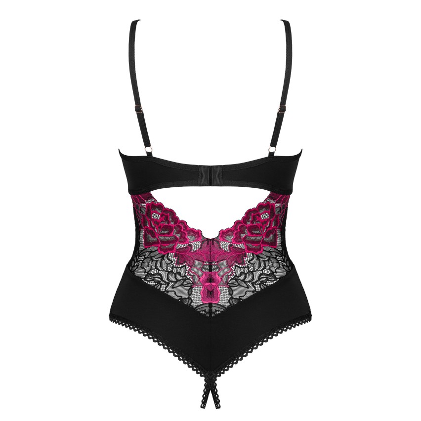 Body teddy sexy pizzo e rete crotchless fucsia Obsessive Rosenty