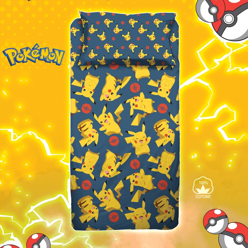 Completo letto singolo federa + sotto con angoli + lenzuolo Pokémon Pikachu