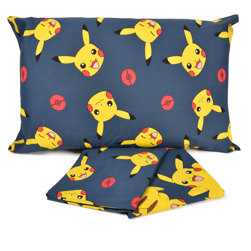 Completo letto singolo federa + sotto con angoli + lenzuolo Pokémon Pikachu