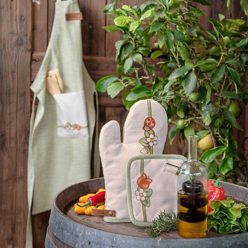 Set da Cucina presina, guanto e grembiule + vassoio in legno Country Bloom Thun