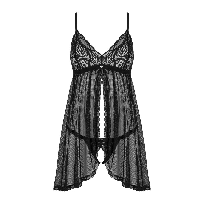 Set Di Lingerie Babydoll In Pizzo Con Scollo A Rete E Body Tagliato, Taglia Unica (XS-XXL), Nero