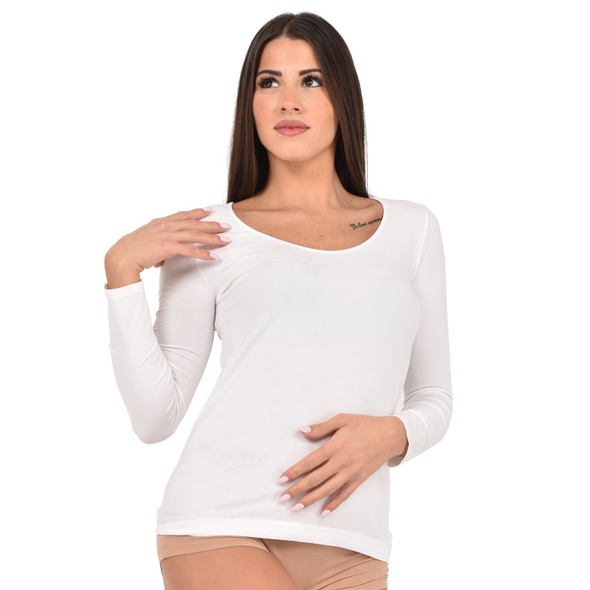 Maglia da donna girocollo manica lunga in microfibra elasticizzata
