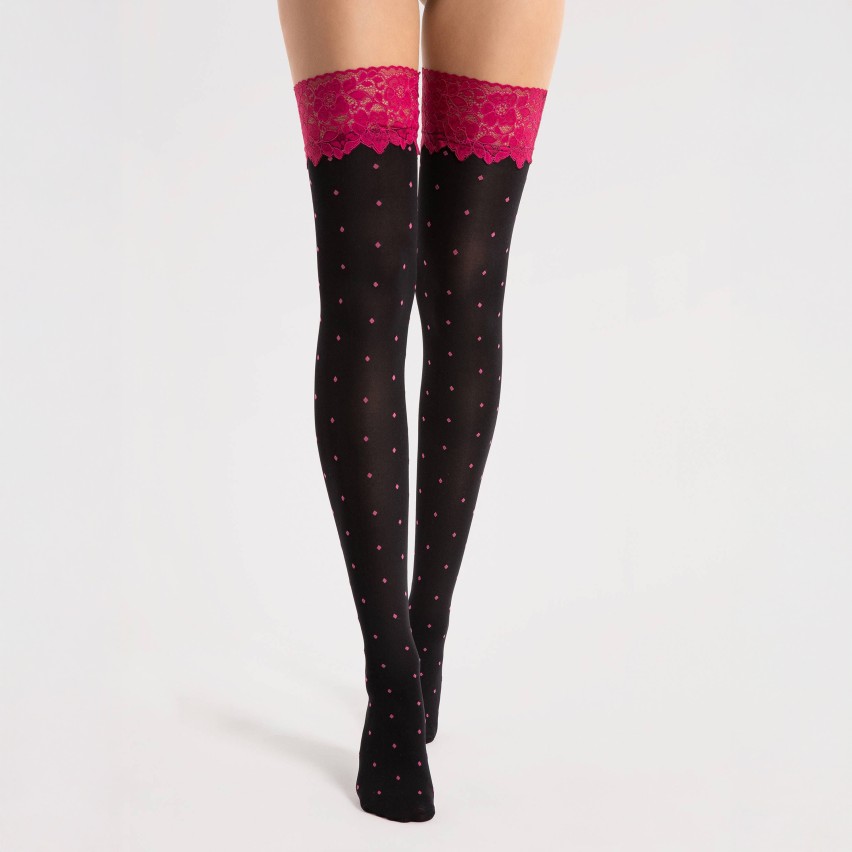 Autoreggenti con pizzo amaranto e pois Fiore Volcan 40 Denari