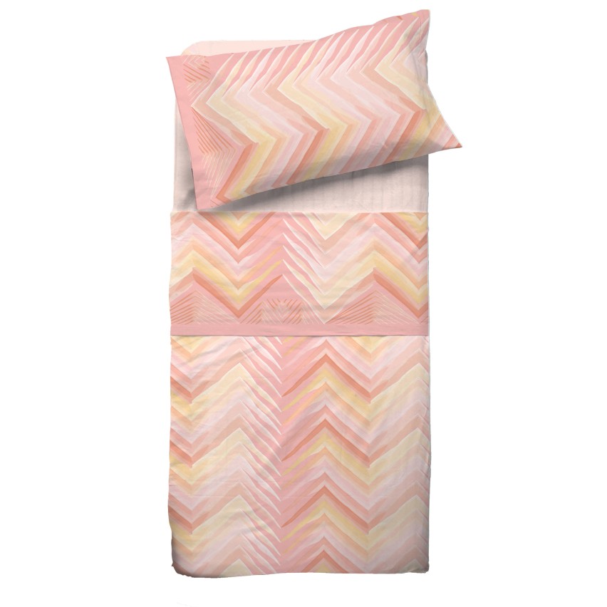 Completo letto Pompea Zigzag lenzuola sopra sotto con angoli federa rosa