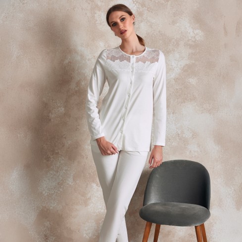 Pigiama Donna in cotone maglia aperta e pizzo floreale Lunatica 51147