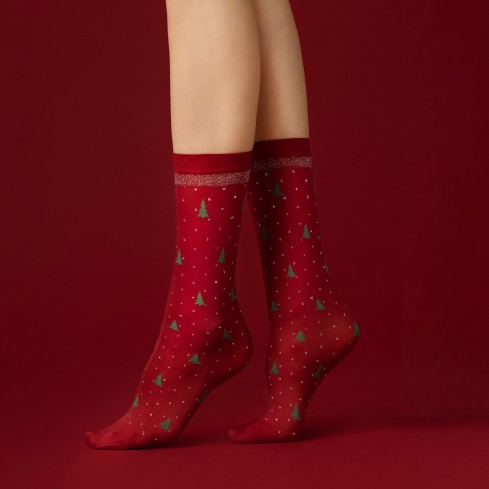 Calzini donna Natalizi con abeti e pois brillantinati Fiore Carol