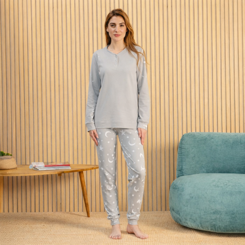 Pigiama donna lune e stelline caldo cotone Biancaluna AI25D 90019
