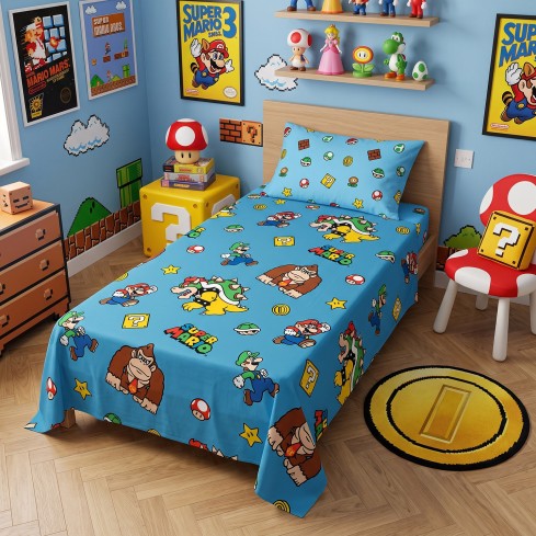 Completo letto singolo federa + sotto con angoli + lenzuolo Super Mario