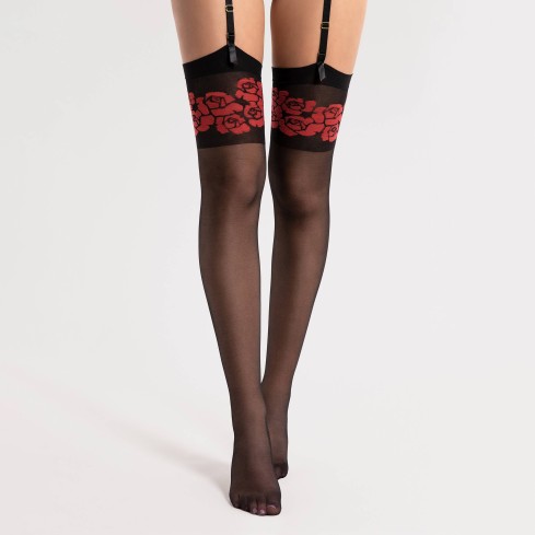 Calze per reggicalze 20 denari balza con rose rosse Fiore Destin