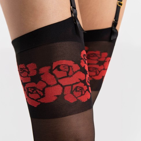 Calze per reggicalze 20 denari balza con rose rosse Fiore Destin