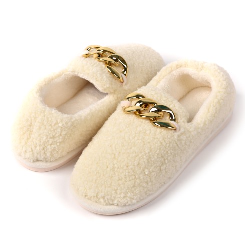 Pantofole tessuto teddy mocassino casa calde catena oro 0071 panna