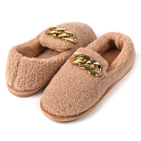 Pantofole tessuto teddy mocassino casa calde catena oro 0071 beige