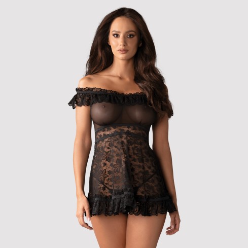 Sexy abitino + perizoma hot Obsessive flores babydoll e thong nero