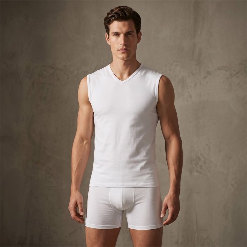 Maglia Rossoporpora CU005 smanicato a V in cotone bianco modello zoom