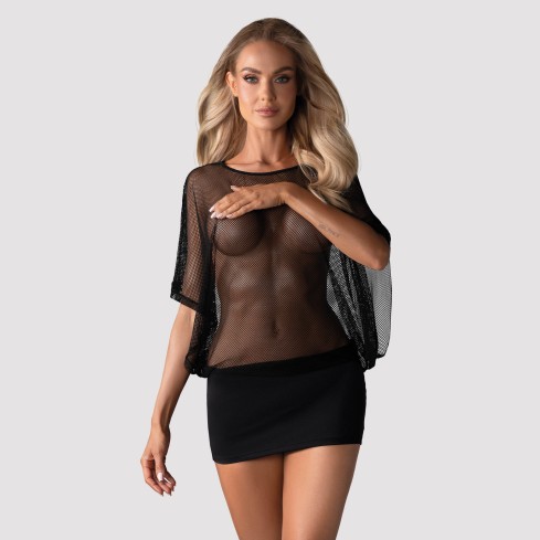 Sexy coordinato abitino a rete + perizoma Obsessive punker dress e thong nero