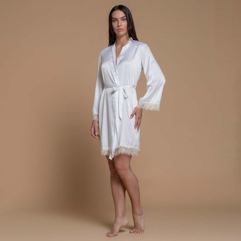 Vestaglia donna kimono in raso con pizzo Biancaluna RS77251