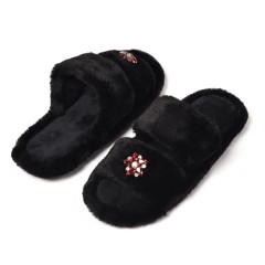 Pantofole ecopelliccia con gioiello nere aperte Preziosa 0084